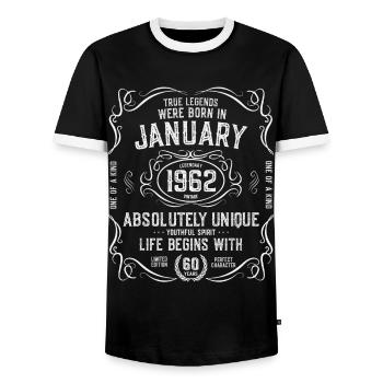 1962 January 60 years - Men's Ringer Shirt - black/white - Front - AI Model Female 172 light (172cm) & AI Model Male 178 light (178cm)