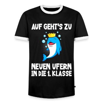 Auf in die 1. Klasse Einschulung 2022 Schulkind - Männer Kontrast-T-Shirt - Schwarz/Weiß - Vorne - AI Model Female 172 light (172cm) & AI Model Male 178 light (178cm)