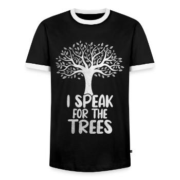 I speak for the trees - Men's Ringer Shirt - black/white - Front - AI Model Female 172 light (172cm) & AI Model Male 178 light (178cm)