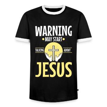 Warning may start talking about Jesus - Men's Ringer Shirt - black/white - Front - AI Model Female 172 light (172cm) & AI Model Male 178 light (178cm)
