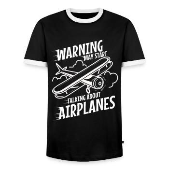 Warning may start talking about airplanes - Men's Ringer Shirt - black/white - Front - AI Model Female 172 light (172cm) & AI Model Male 178 light (178cm)