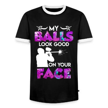 My Balls look Good on your Face Paintball - Men's Ringer Shirt - black/white - Front - AI Model Female 172 light (172cm) & AI Model Male 178 light (178cm)