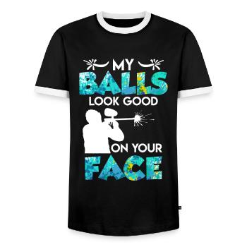 My Balls look Good on your Face Paintball - Men's Ringer Shirt - black/white - Front - AI Model Female 172 light (172cm) & AI Model Male 178 light (178cm)