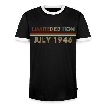 76e anniversaire Juillet né 1946 Idée cadeau - T-shirt contrasté Homme - noir/blanc - Devant - AI Model Female 172 light (172cm) & AI Model Male 178 light (178cm)