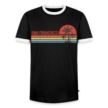 San Francisco California vintage retro - Men's Ringer Shirt - black/white - Front - AI Model Female 172 light (172cm) & AI Model Male 178 light (178cm)