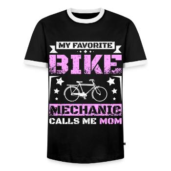 My favorite bike mechanic calls me mom - Men's Ringer Shirt - black/white - Front - AI Model Female 172 light (172cm) & AI Model Male 178 light (178cm)