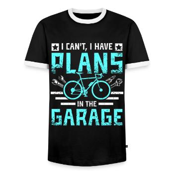 I'cant I have plans in the garage - Men's Ringer Shirt - black/white - Front - AI Model Female 172 light (172cm) & AI Model Male 178 light (178cm)