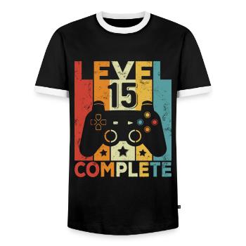 Level 15 Complete 15 Birthday Boy Girls - Men's Ringer Shirt - black/white - Front - AI Model Female 172 light (172cm) & AI Model Male 178 light (178cm)