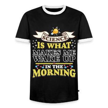 Science Makes Me Wake Up Fun Scientist Science - Men's Ringer Shirt - black/white - Front - AI Model Female 172 light (172cm) & AI Model Male 178 light (178cm)