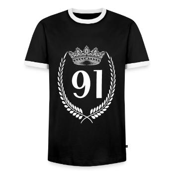 91. Geburtstag Zahl Jubiläum 91 - Männer Kontrast-T-Shirt - Schwarz/Weiß - Vorne - AI Model Female 172 light (172cm) & AI Model Male 178 light (178cm)