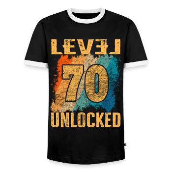 Birthday Gift Level Unlocked 70 years - Men's Ringer Shirt - black/white - Front - AI Model Female 172 light (172cm) & AI Model Male 178 light (178cm)