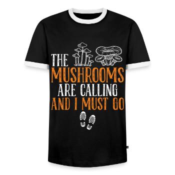 En appelant les champignons, je dois aller cueillir des champignons - T-shirt contrasté Homme - noir/blanc - Devant - AI Model Female 172 light (172cm) & AI Model Male 178 light (178cm)