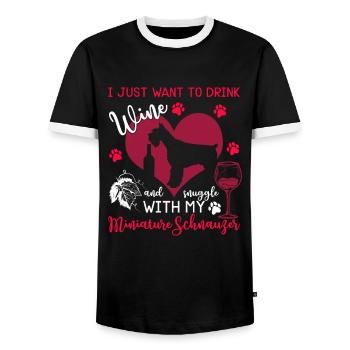 Wein Trinken Kuscheln Mit Zwergschnauzer Hund - Männer Kontrast-T-Shirt - Schwarz/Weiß - Vorne - AI Model Female 172 light (172cm) & AI Model Male 178 light (178cm)