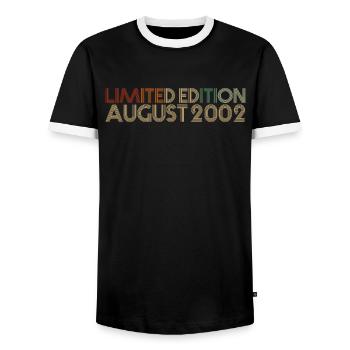 20. Geburtstag August Jahrgang 2002 Geschenkidee - Männer Kontrast-T-Shirt - Schwarz/Weiß - Vorne - AI Model Female 172 light (172cm) & AI Model Male 178 light (178cm)