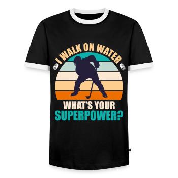 I laufe auf Wasser was ist deine Superpower? - Männer Kontrast-T-Shirt - Schwarz/Weiß - Vorne - AI Model Female 172 light (172cm) & AI Model Male 178 light (178cm)