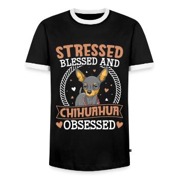 Gesegneter Chihuahua Besessener Lustiger - Männer Kontrast-T-Shirt - Schwarz/Weiß - Vorne - AI Model Female 172 light (172cm) & AI Model Male 178 light (178cm)