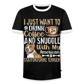 Kaffee Trinken Kuscheln Staffordshire Terrier - Männer Kontrast-T-Shirt - Schwarz/Weiß - Vorne - AI Model Female 172 light (172cm) & AI Model Male 178 light (178cm)