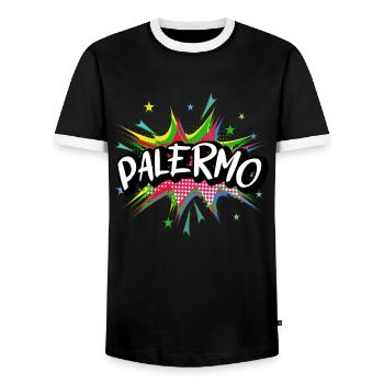 Palermo Italy City Pop Art Comic Art Skyline - Men's Ringer Shirt - black/white - Front - AI Model Female 172 light (172cm) & AI Model Male 178 light (178cm)