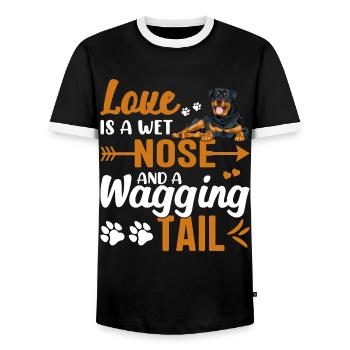 Rottweiler Love Is Wet Nose Wagging Tail Funny - Men's Ringer Shirt - black/white - Front - AI Model Female 172 light (172cm) & AI Model Male 178 light (178cm)