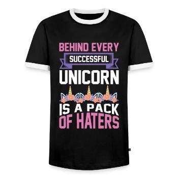 Behind every successful unicorn are haters - Men's Ringer Shirt - black/white - Front - AI Model Female 172 light (172cm) & AI Model Male 178 light (178cm)