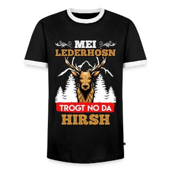 Mei Lederhosn trogt no da Hirsch Bayern - Männer Kontrast-T-Shirt - Schwarz/Weiß - Vorne - AI Model Female 172 light (172cm) & AI Model Male 178 light (178cm)