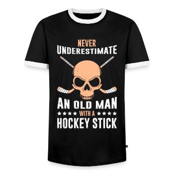 Never underestimate a man ice hockey stick - Men's Ringer Shirt - black/white - Front - AI Model Female 172 light (172cm) & AI Model Male 178 light (178cm)
