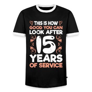 Company anniversary 15 years service anniversary - Men's Ringer Shirt - black/white - Front - AI Model Female 172 light (172cm) & AI Model Male 178 light (178cm)