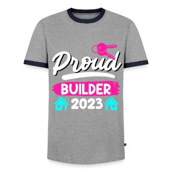 Proud client 2023 Topping-out ceremony for owner-occupied homes - Men's Ringer Shirt - grey/navy  - Front - AI Model Female 172 light (172cm) & AI Model Male 178 light (178cm)