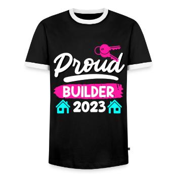 Proud client 2023 Topping-out ceremony for owner-occupied homes - Men's Ringer Shirt - black/white - Front - AI Model Female 172 light (172cm) & AI Model Male 178 light (178cm)