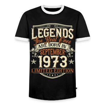 Septembre 1973 Anniversaire de naissance - T-shirt contrasté Homme - noir/blanc - Devant - AI Model Female 172 light (172cm) & AI Model Male 178 light (178cm)