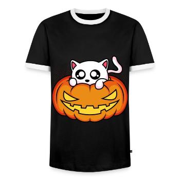 Chat Citrouille Halloween - T-shirt contrasté Homme - noir/blanc - Devant - AI Model Female 172 light (172cm) & AI Model Male 178 light (178cm)