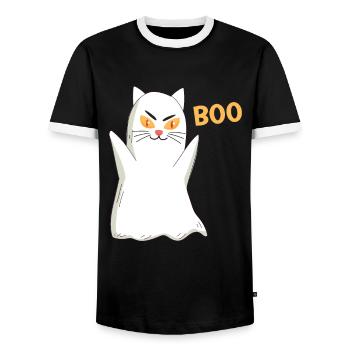 BOO Katze Halloween Gespenst - Männer Kontrast-T-Shirt - Schwarz/Weiß - Vorne - AI Model Female 172 light (172cm) & AI Model Male 178 light (178cm)