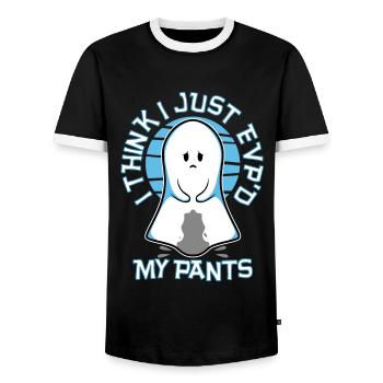 I Think I Just EVP'd My Pants - Men's Ringer Shirt - black/white - Front - AI Model Female 172 light (172cm) & AI Model Male 178 light (178cm)