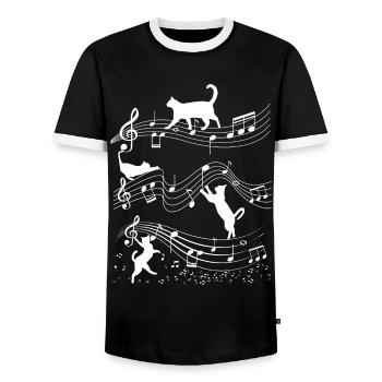 Cat Music Sheet Music Musician Outfit! e.g. piano - Men's Ringer Shirt - black/white - Front - AI Model Female 172 light (172cm) & AI Model Male 178 light (178cm)