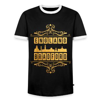 Bradford England UK City Skyline Gold Ornament - Men's Ringer Shirt - black/white - Front - AI Model Female 172 light (172cm) & AI Model Male 178 light (178cm)