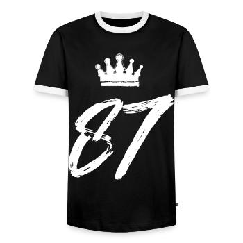 87 Zahl Krone - Männer Kontrast-T-Shirt - Schwarz/Weiß - Vorne - AI Model Female 172 light (172cm) & AI Model Male 178 light (178cm)