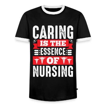 Care is the essence of a nurse - Men's Ringer Shirt - black/white - Front - AI Model Female 172 light (172cm) & AI Model Male 178 light (178cm)
