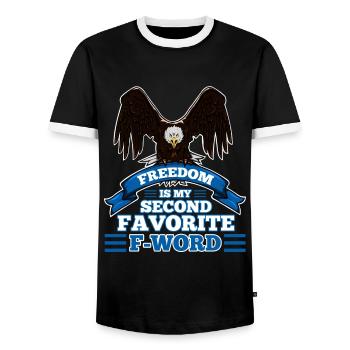 Freedom is my second favorite f word - Men's Ringer Shirt - black/white - Front - AI Model Female 172 light (172cm) & AI Model Male 178 light (178cm)