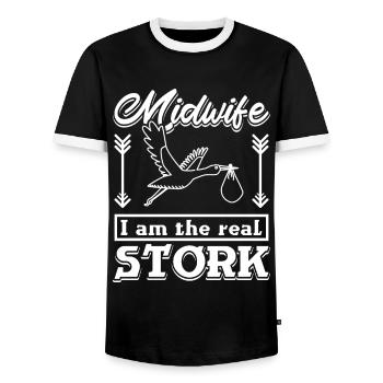Midwife I am the real stork - Männer Kontrast-T-Shirt - Schwarz/Weiß - Vorne - AI Model Female 172 light (172cm) & AI Model Male 178 light (178cm)