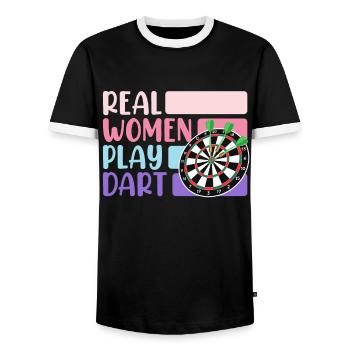 Real Women Play Darts Ladies Darts Accessories Darts - Men's Ringer Shirt - black/white - Front - AI Model Female 172 light (172cm) & AI Model Male 178 light (178cm)