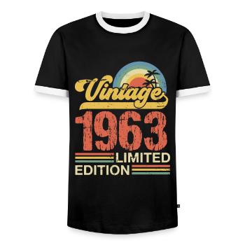 1963 - Männer Kontrast-T-Shirt - Schwarz/Weiß - Vorne - AI Model Female 172 light (172cm) & AI Model Male 178 light (178cm)