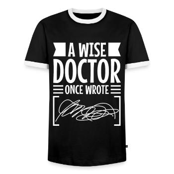A wise doctor once wrote - Men's Ringer Shirt - black/white - Front - AI Model Female 172 light (172cm) & AI Model Male 178 light (178cm)