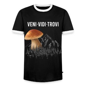 Outfit for mushroom pickers with mountains porcini mushroom mushroom - Men's Ringer Shirt - black/white - Front - AI Model Female 172 light (172cm) & AI Model Male 178 light (178cm)