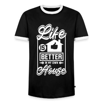 Life is better in my own house - Men's Ringer Shirt - black/white - Front - AI Model Female 172 light (172cm) & AI Model Male 178 light (178cm)