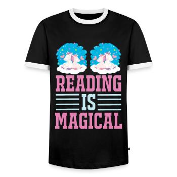 Unicorn Reading Is Magical - Men's Ringer Shirt - black/white - Front - AI Model Female 172 light (172cm) & AI Model Male 178 light (178cm)