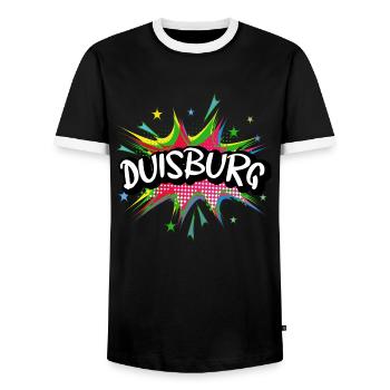 Duisburg Germany City Pop Art Comic Art - Men's Ringer Shirt - black/white - Front - AI Model Female 172 light (172cm) & AI Model Male 178 light (178cm)