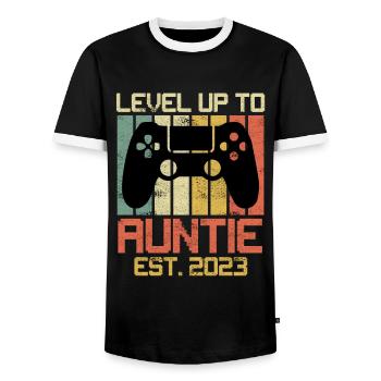 Level up Auntie 2023 Promotion Aunt Soon Aunt - Men's Ringer Shirt - black/white - Front - AI Model Female 172 light (172cm) & AI Model Male 178 light (178cm)