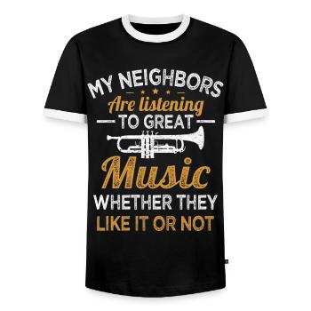 Les voisins de la trompette écoutent de la bonne musique Les trompettistes - T-shirt contrasté Homme - noir/blanc - Devant - AI Model Female 172 light (172cm) & AI Model Male 178 light (178cm)