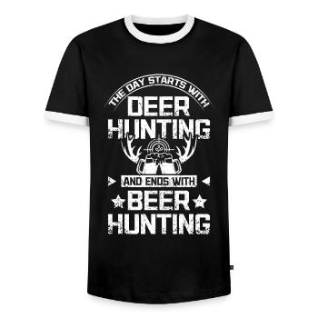 Commencez par la chasse au cerf et terminez par la chasse à la bière - T-shirt contrasté Homme - noir/blanc - Devant - AI Model Female 172 light (172cm) & AI Model Male 178 light (178cm)