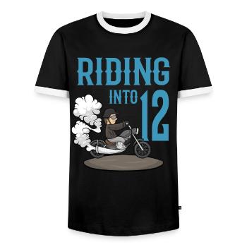 Motorcyclist Riding Into 12 Motorcycle Birthday - Men's Ringer Shirt - black/white - Front - AI Model Female 172 light (172cm) & AI Model Male 178 light (178cm)